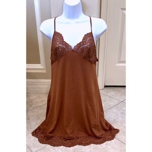 Victoria's Secret Brown Lace Trim Chemise Nightgown Adjustable Straps Cinnamon